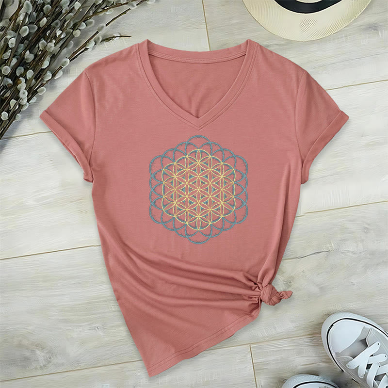 T-shirt à col en V imprimé géométrique « Fleur de vie » Olivenorma , attrape-rêves et éloigne le mal - Rose - 2XL - image 24