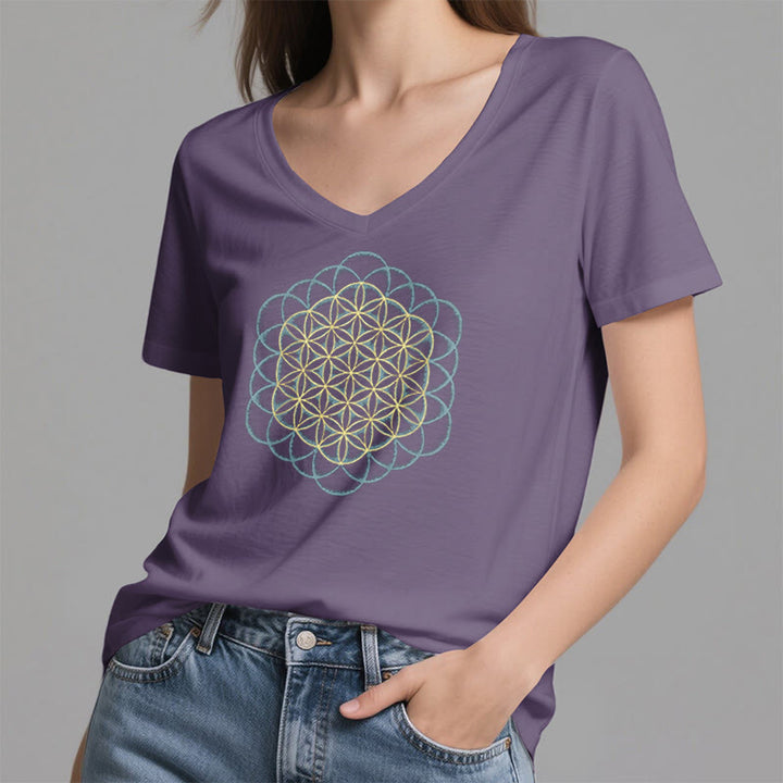 T-shirt à col en V imprimé géométrique « Fleur de vie » Olivenorma , attrape-rêves et éloigne le mal - image 3