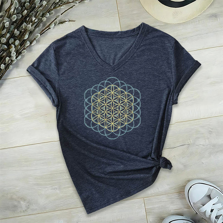 T-shirt à col en V imprimé géométrique « Fleur de vie » Olivenorma , attrape-rêves et éloigne le mal - Marine - 2XL - image 17