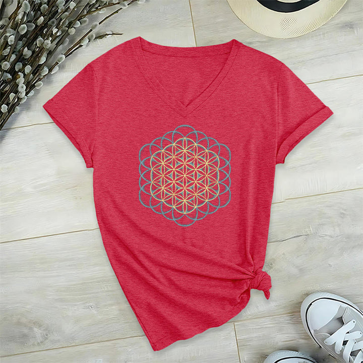 T-shirt à col en V imprimé géométrique « Fleur de vie » Olivenorma , attrape-rêves et éloigne le mal - Rouge - 2XL - image 22