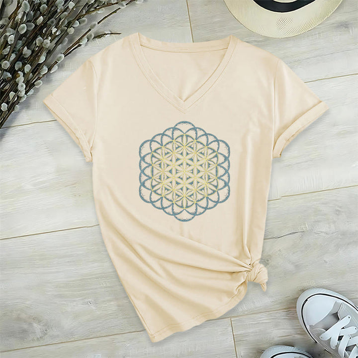 T-shirt à col en V imprimé géométrique « Fleur de vie » Olivenorma , attrape-rêves et éloigne le mal - Beige - 2XL - image 16