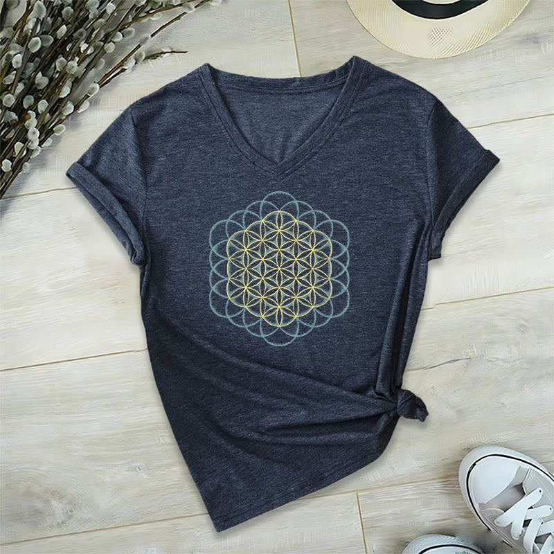 T-shirt à col en V imprimé géométrique « Fleur de vie » Olivenorma , attrape-rêves et éloigne le mal - Marine - 2XL - image 18