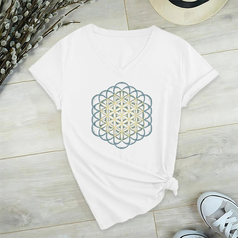 T-shirt à col en V imprimé géométrique « Fleur de vie » Olivenorma , attrape-rêves et éloigne le mal - Blanc - 2XL - image 14