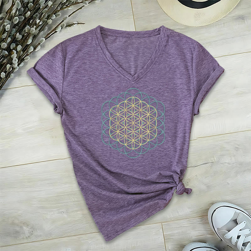 T-shirt à col en V imprimé géométrique « Fleur de vie » Olivenorma , attrape-rêves et éloigne le mal - Violet - 2XL - image 0