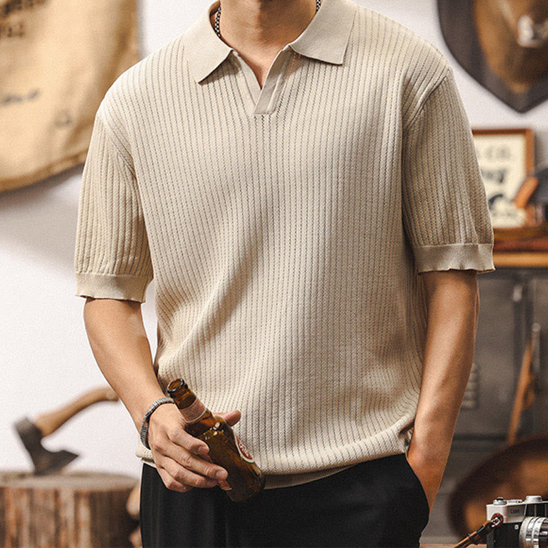 Polo en tricot texturé Olivenorma pour homme, coupe classique, manches courtes, en coton - image 1