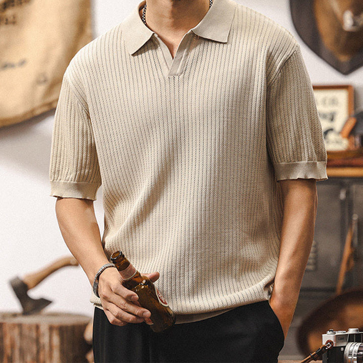 Polo en tricot texturé Olivenorma pour homme, coupe classique, manches courtes, en coton - image 1