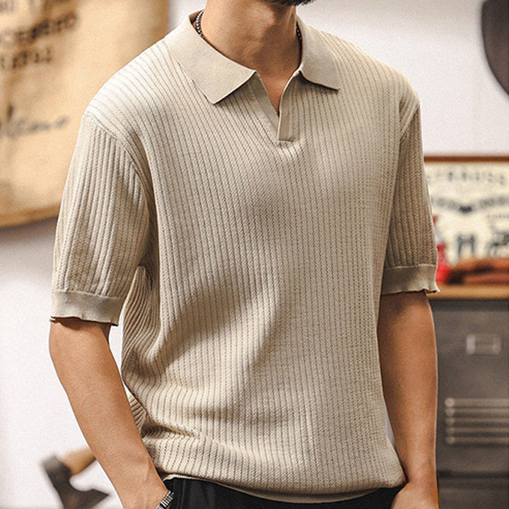 Polo en tricot texturé Olivenorma pour homme, coupe classique, manches courtes, en coton - image 4