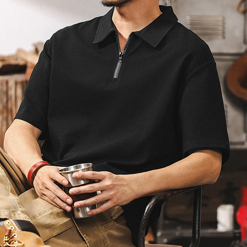 Polo Olivenorma à manches courtes et fermeture éclair en coton mélangé pour homme, coupe ample - Noir - 4XL - image 8
