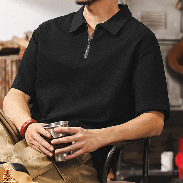 Polo Olivenorma à manches courtes et fermeture éclair en coton mélangé pour homme, coupe ample - Noir - 4XL - image 8