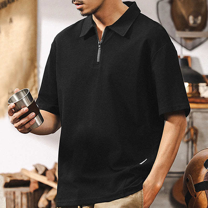 Polo Olivenorma à manches courtes et fermeture éclair en coton mélangé pour homme, coupe ample - image 11
