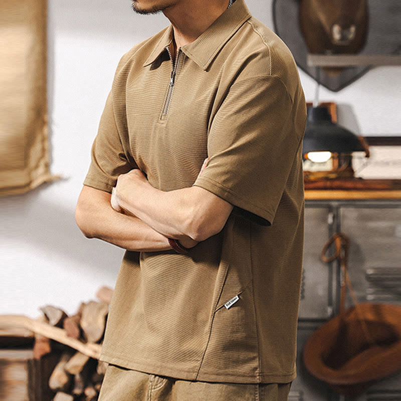 Polo Olivenorma à manches courtes et fermeture éclair en coton mélangé pour homme, coupe ample - image 3