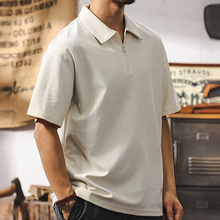 Polo Olivenorma à manches courtes et fermeture éclair en coton mélangé pour homme, coupe ample - image 7