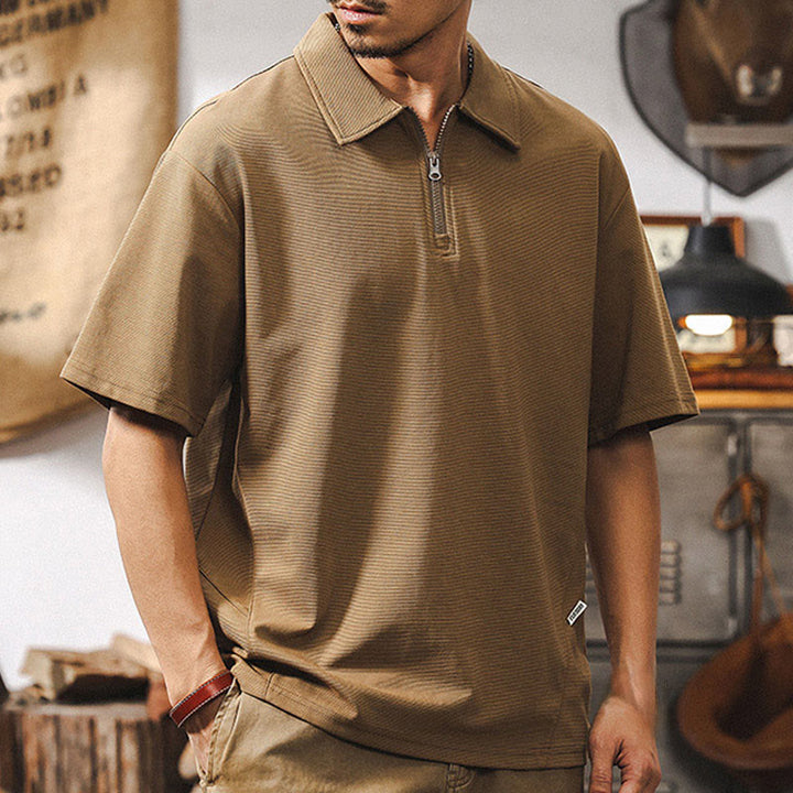 Polo Olivenorma à manches courtes et fermeture éclair en coton mélangé pour homme, coupe ample - image 1