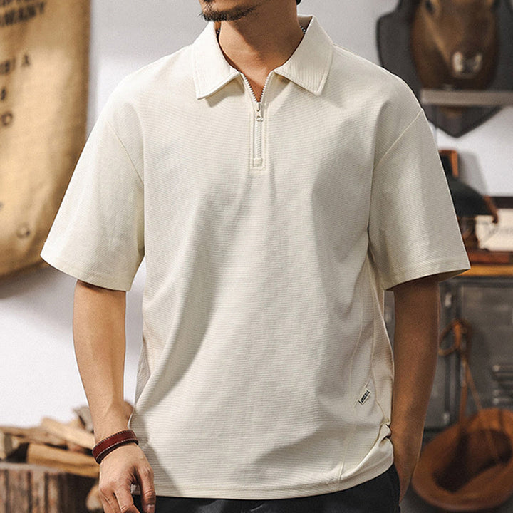 Polo Olivenorma à manches courtes et fermeture éclair en coton mélangé pour homme, coupe ample - image 5