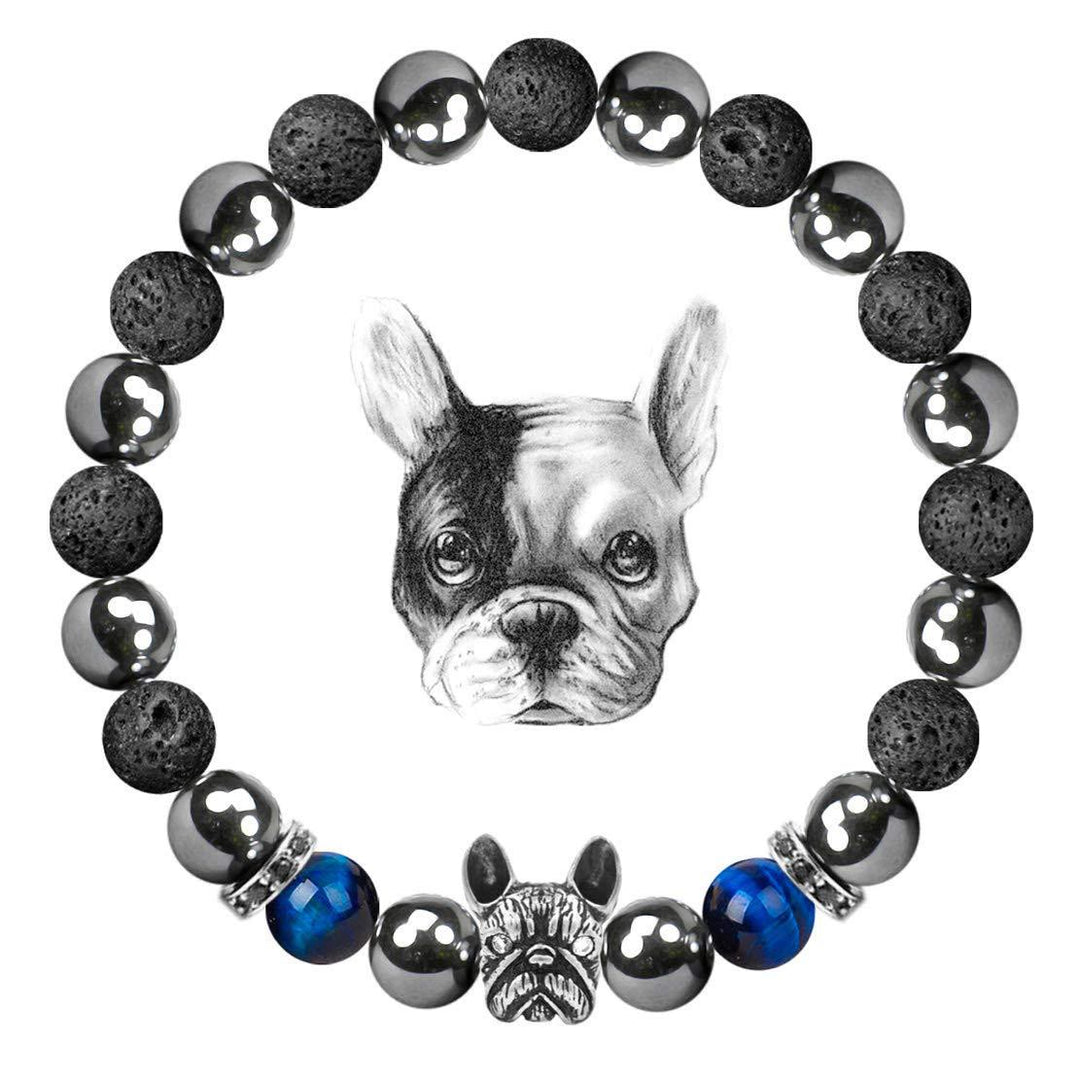 Bracelet commémoratif en pierres précieuses Olivenorma pour bouledogue français - Pierre de lave + Hématite + Œil de tigre bleu - image 1
