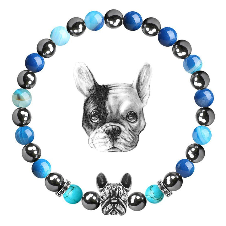 Bracelet commémoratif en pierres précieuses Olivenorma pour bouledogue français - Hématite + Agate bleue + Turquoise - image 6
