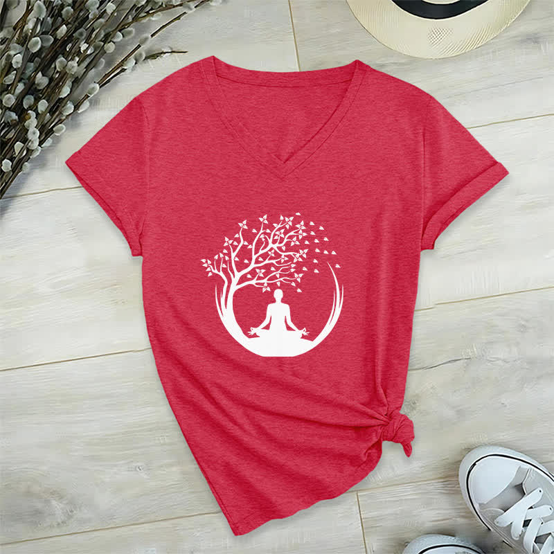 Olivenorma Yoga Méditation Pilates Namaste T-shirt col V - Rouge - 2XL - image 14