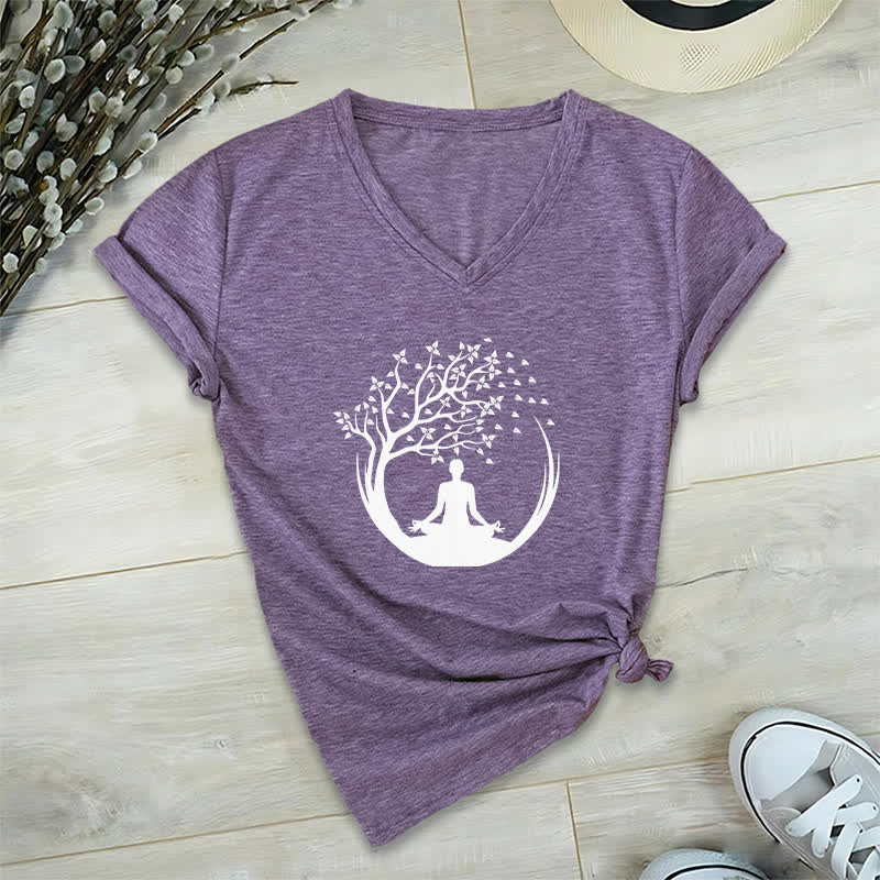 Olivenorma Yoga Méditation Pilates Namaste T-shirt col V - Violet - 2XL - image 25