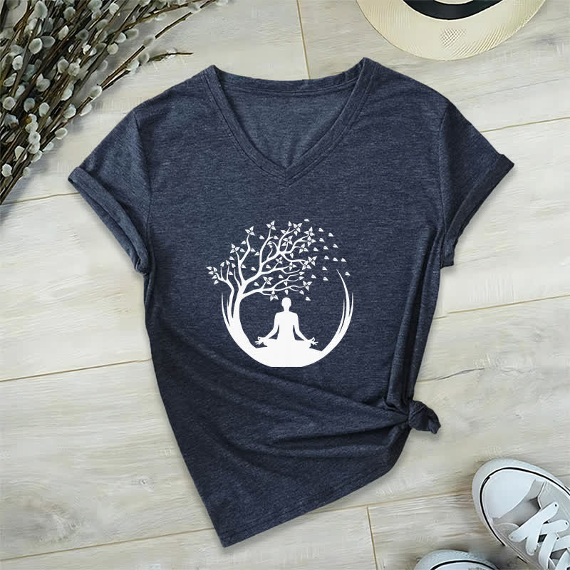 Olivenorma Yoga Méditation Pilates Namaste T-shirt col V - Bleu marine - 2XL - image 4