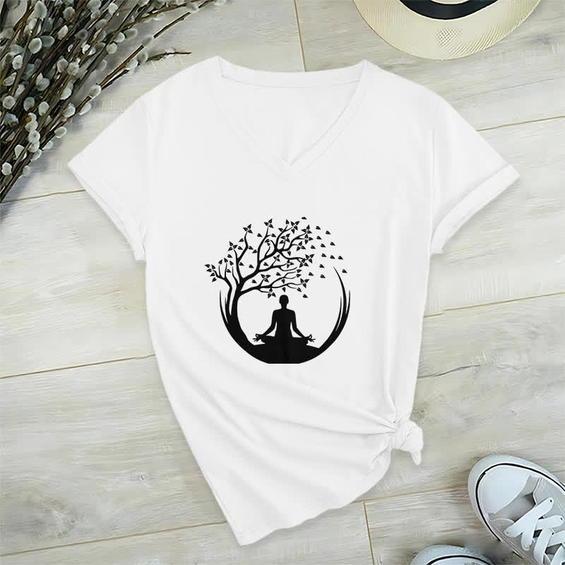 Olivenorma Yoga Méditation Pilates Namaste T-shirt col V - Blanc - 2XL - image 1