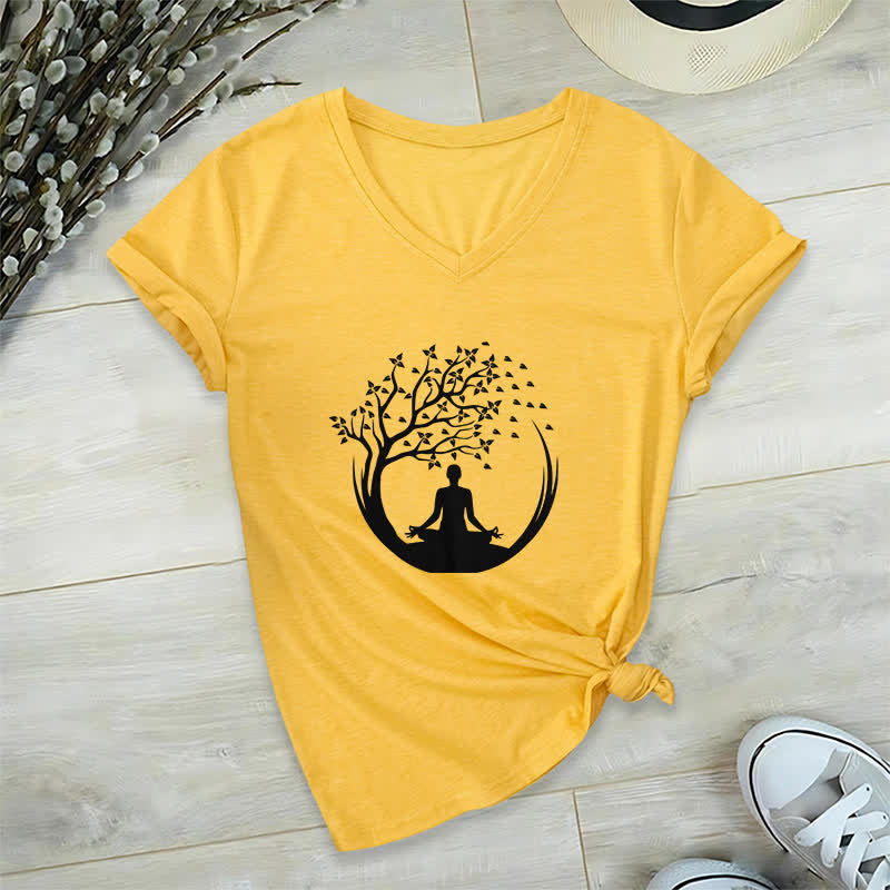 Olivenorma Yoga Méditation Pilates Namaste T-shirt col V - Jaune - 2XL - image 15
