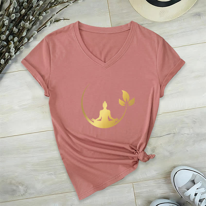 T-shirt col V Olivenorma Yoga Lotus Bouddha Méditation - Rose - 2XL - image 19