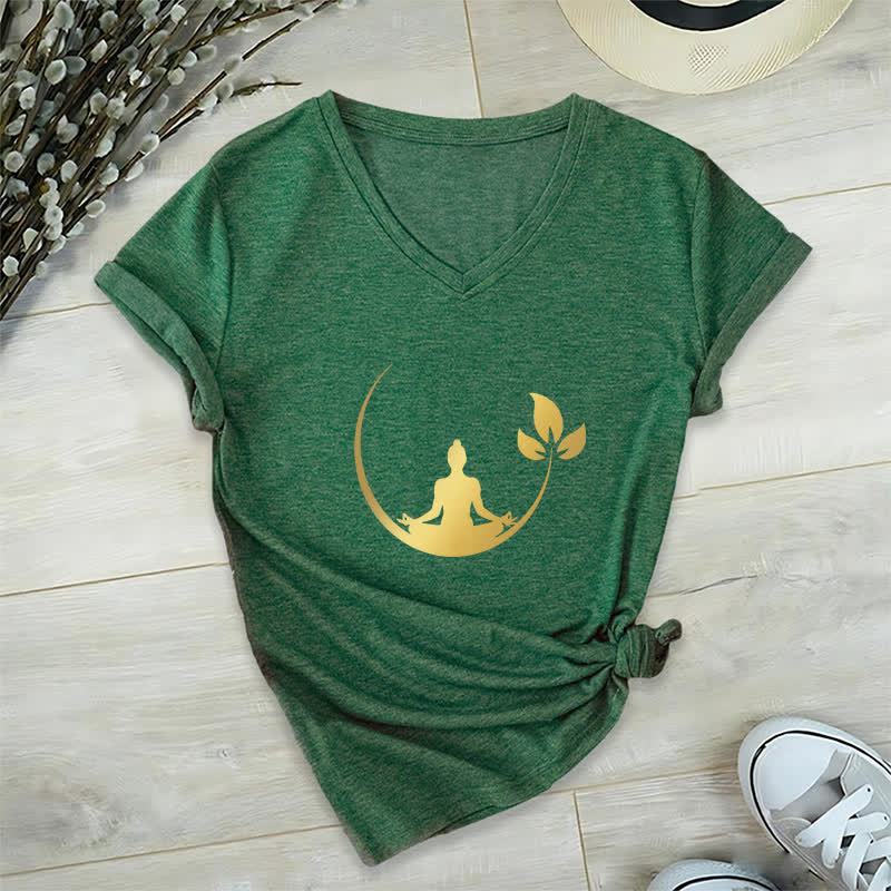 T-shirt col V Olivenorma Yoga Lotus Bouddha Méditation - Vert foncé - 2XL - image 8