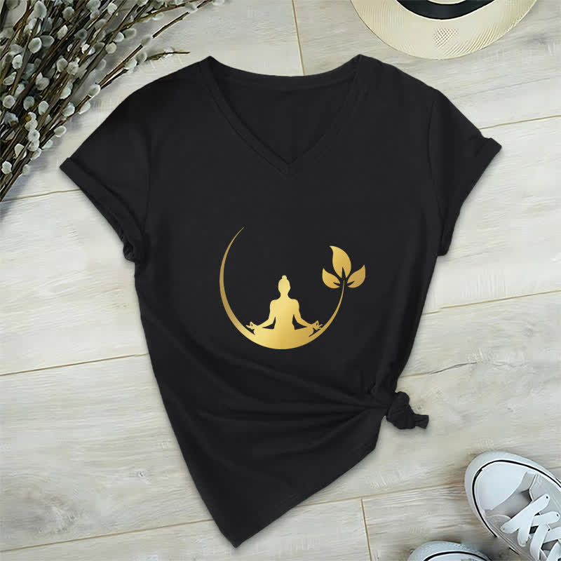 T-shirt col V Olivenorma Yoga Lotus Bouddha Méditation - Noir - 2XL - image 14