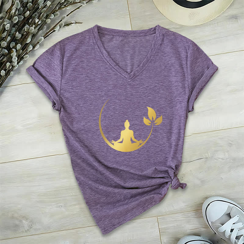 T-shirt col V Olivenorma Yoga Lotus Bouddha Méditation - Violet - 2XL - image 26
