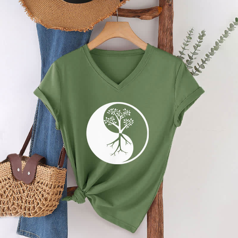 T-shirt col V Olivenorma Yin Yang Tree Yoga Méditation - image 11