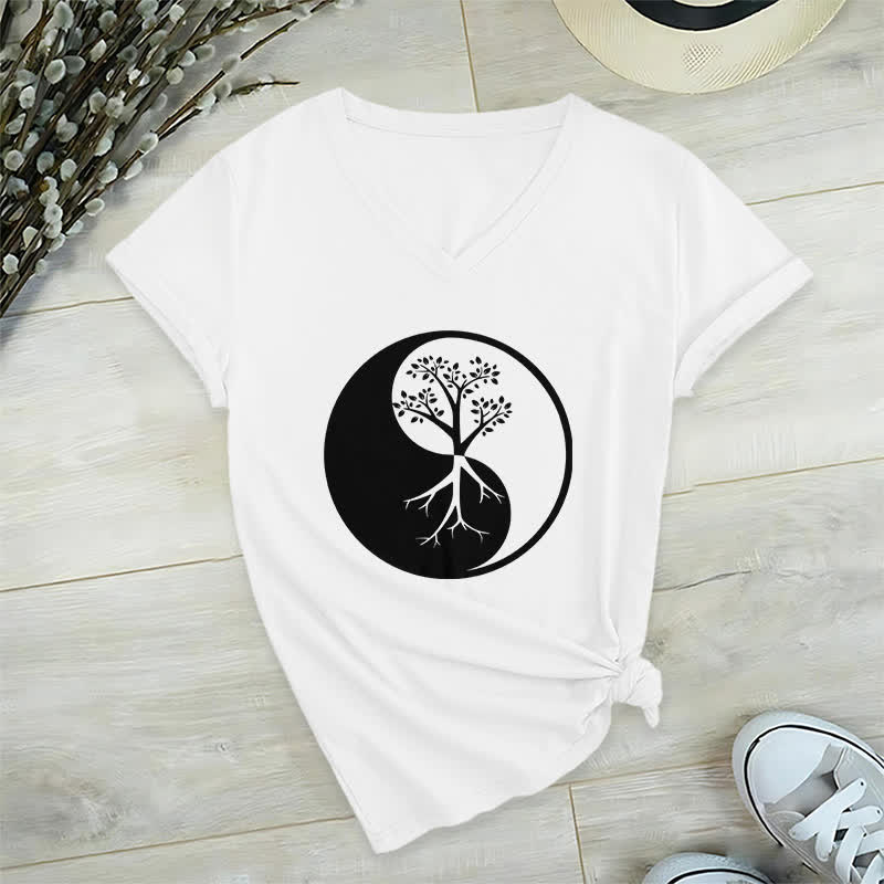 T-shirt col V Olivenorma Yin Yang Tree Yoga Méditation - Blanc - 2XL - image 4
