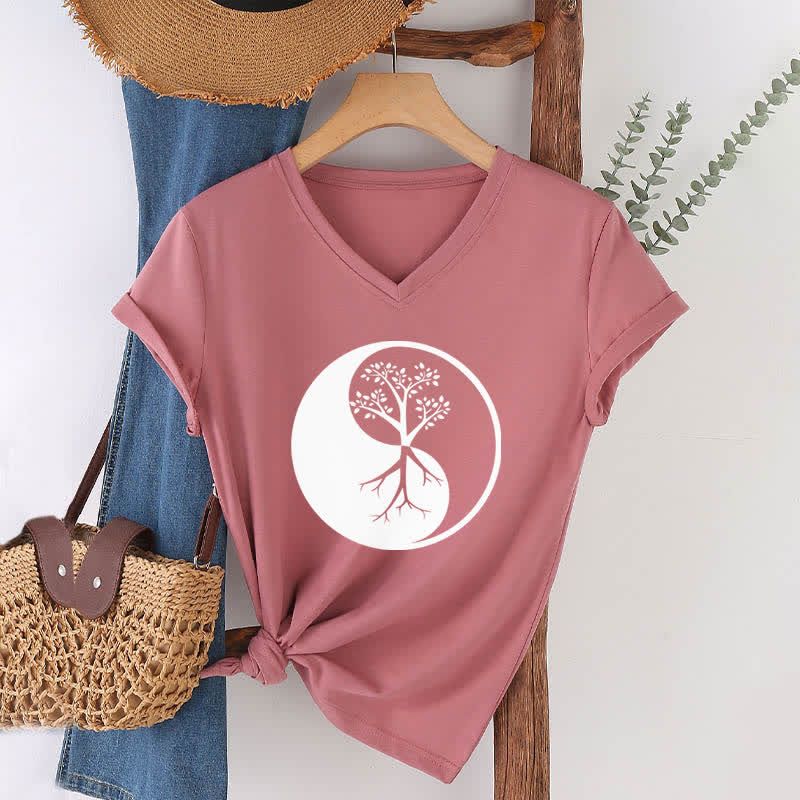 T-shirt col V Olivenorma Yin Yang Tree Yoga Méditation - image 18