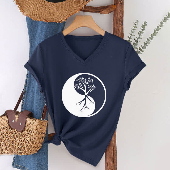 T-shirt col V Olivenorma Yin Yang Tree Yoga Méditation - image 6