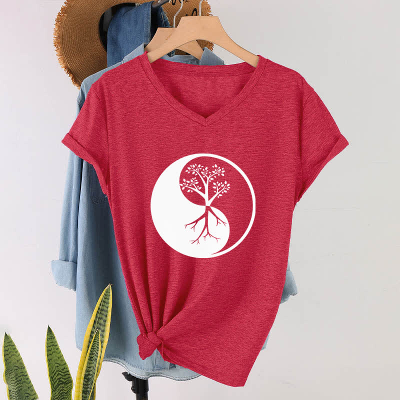 T-shirt col V Olivenorma Yin Yang Tree Yoga Méditation - image 15