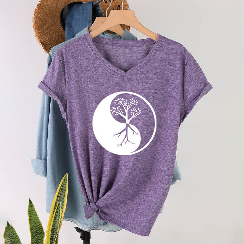 T-shirt col V Olivenorma Yin Yang Tree Yoga Méditation - image 26