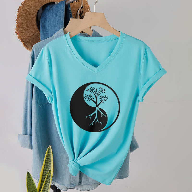 T-shirt col V Olivenorma Yin Yang Tree Yoga Méditation - image 25