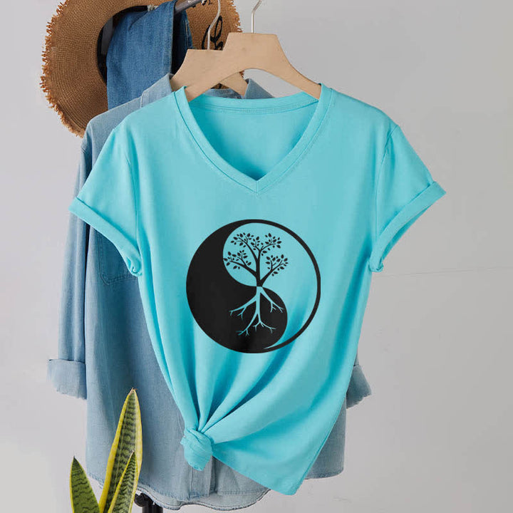 T-shirt col V Olivenorma Yin Yang Tree Yoga Méditation - image 25