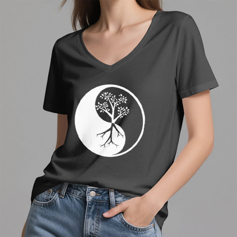 T-shirt col V Olivenorma Yin Yang Tree Yoga Méditation - image 2