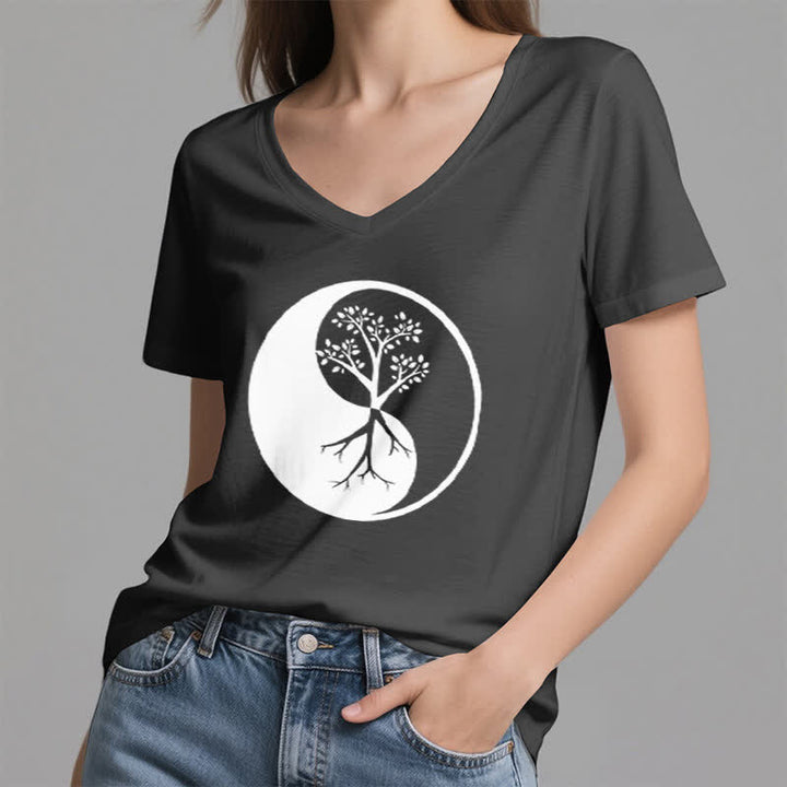 T-shirt col V Olivenorma Yin Yang Tree Yoga Méditation - image 2