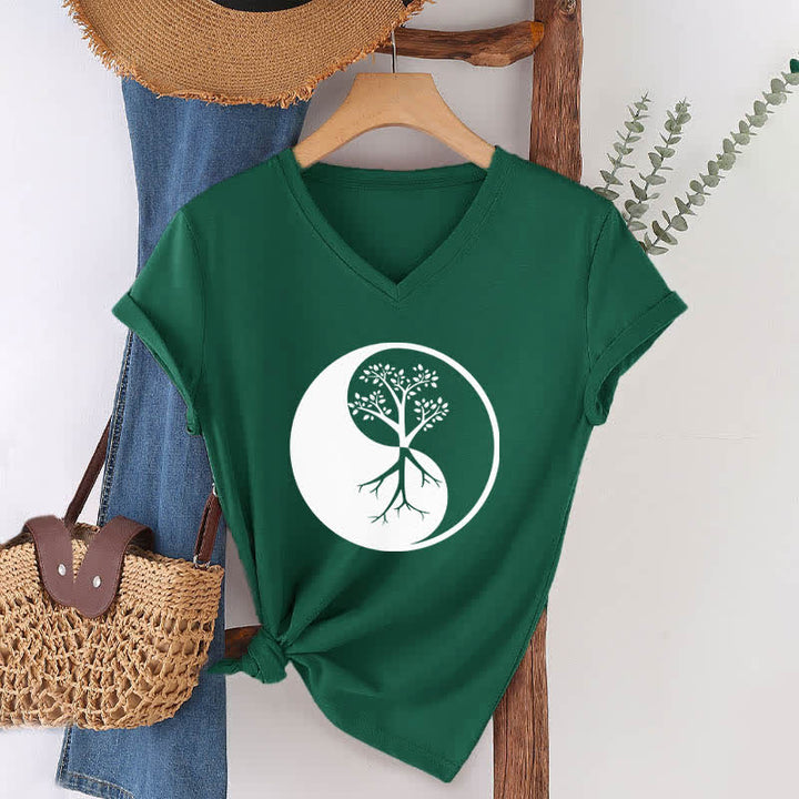 T-shirt col V Olivenorma Yin Yang Tree Yoga Méditation - image 9