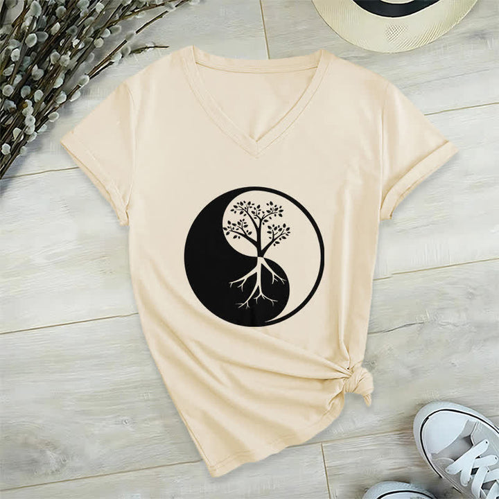 T-shirt col V Olivenorma Yin Yang Tree Yoga Méditation - Kaki - 2XL - image 22