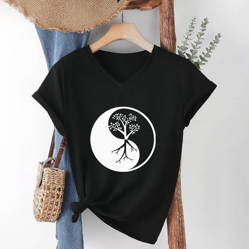 T-shirt col V Olivenorma Yin Yang Tree Yoga Méditation - image 12