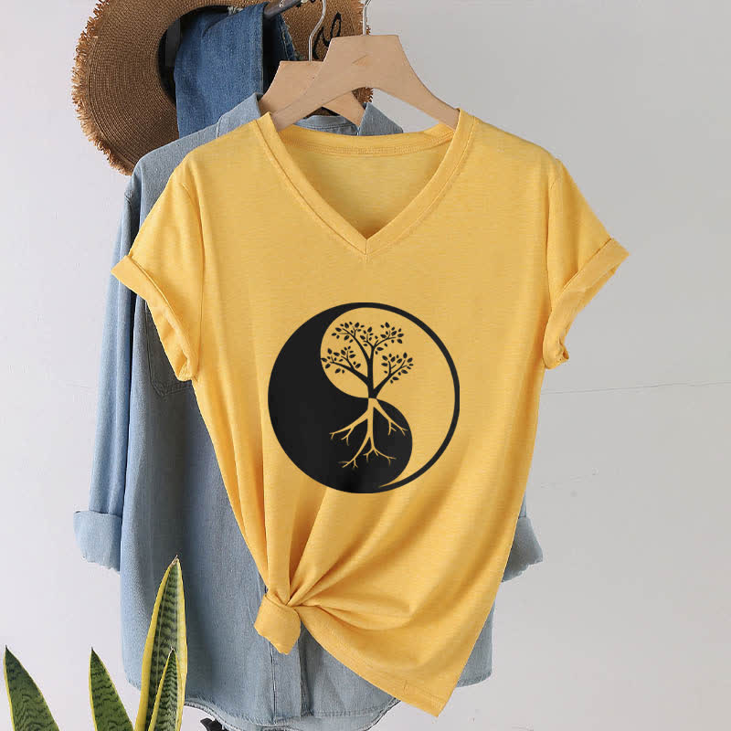 T-shirt col V Olivenorma Yin Yang Tree Yoga Méditation - image 17