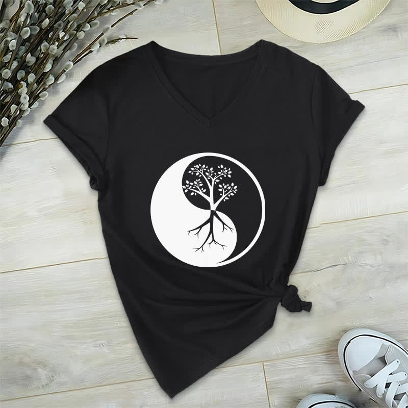 T-shirt col V Olivenorma Yin Yang Tree Yoga Méditation - Noir - 2XL - image 11