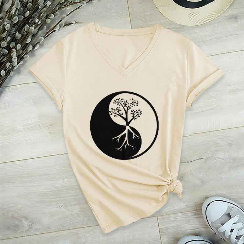 T-shirt col V Olivenorma Yin Yang Tree Yoga Méditation - Kaki - 2XL - image 21
