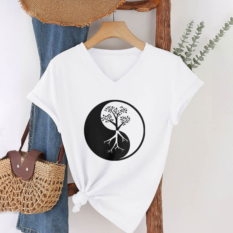 T-shirt col V Olivenorma Yin Yang Tree Yoga Méditation - image 4
