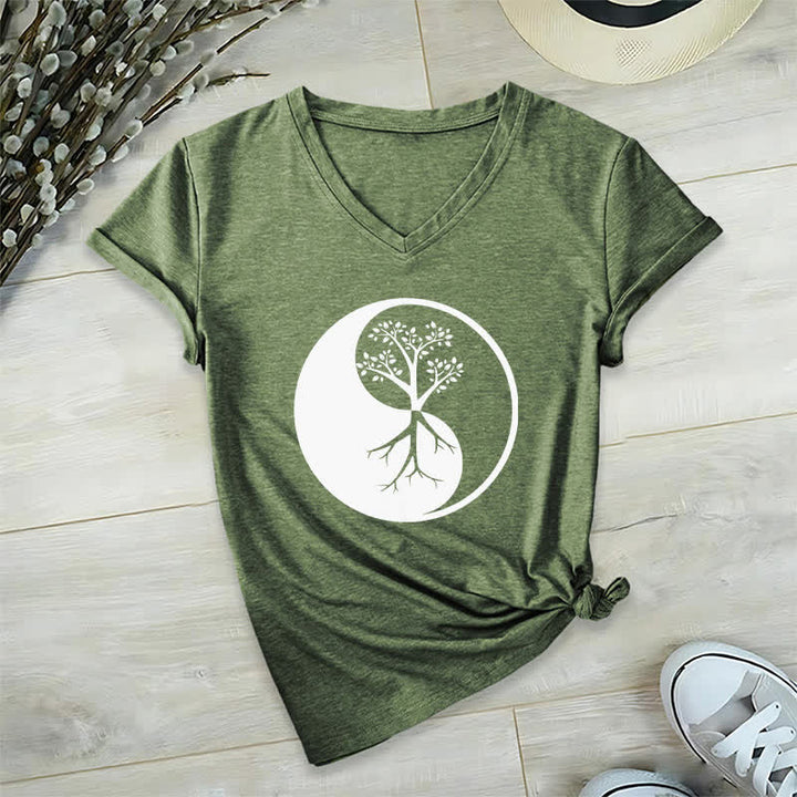 T-shirt col V Olivenorma Yin Yang Tree Yoga Méditation - Vert olive - 2XL - image 10