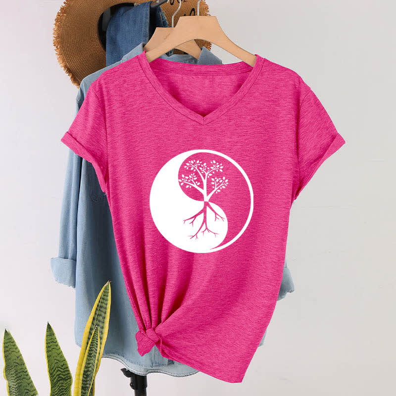 T-shirt col V Olivenorma Yin Yang Tree Yoga Méditation - image 20