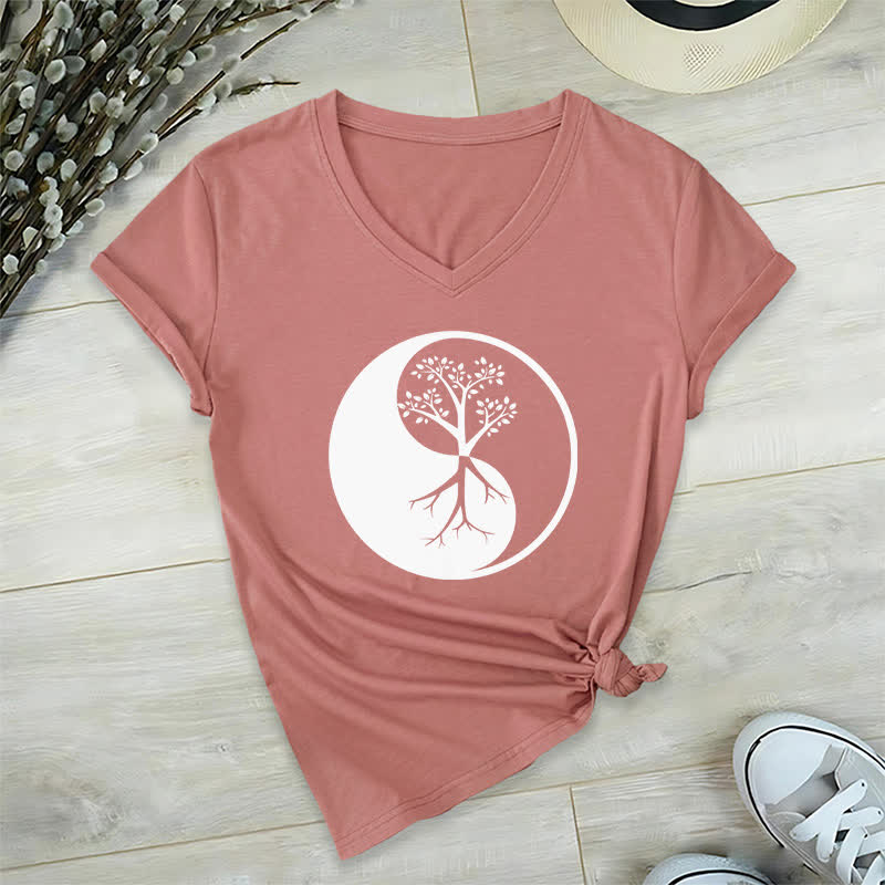 T-shirt col V Olivenorma Yin Yang Tree Yoga Méditation - Rose - 2XL - image 17