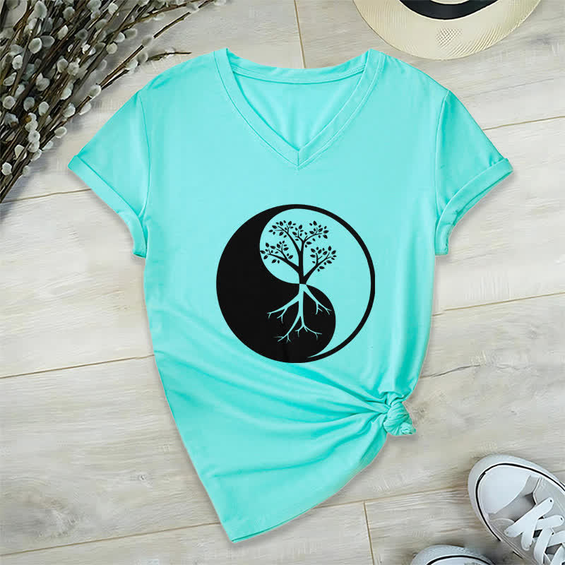 T-shirt col V Olivenorma Yin Yang Tree Yoga Méditation - Lac Bleu - 2XL - image 24